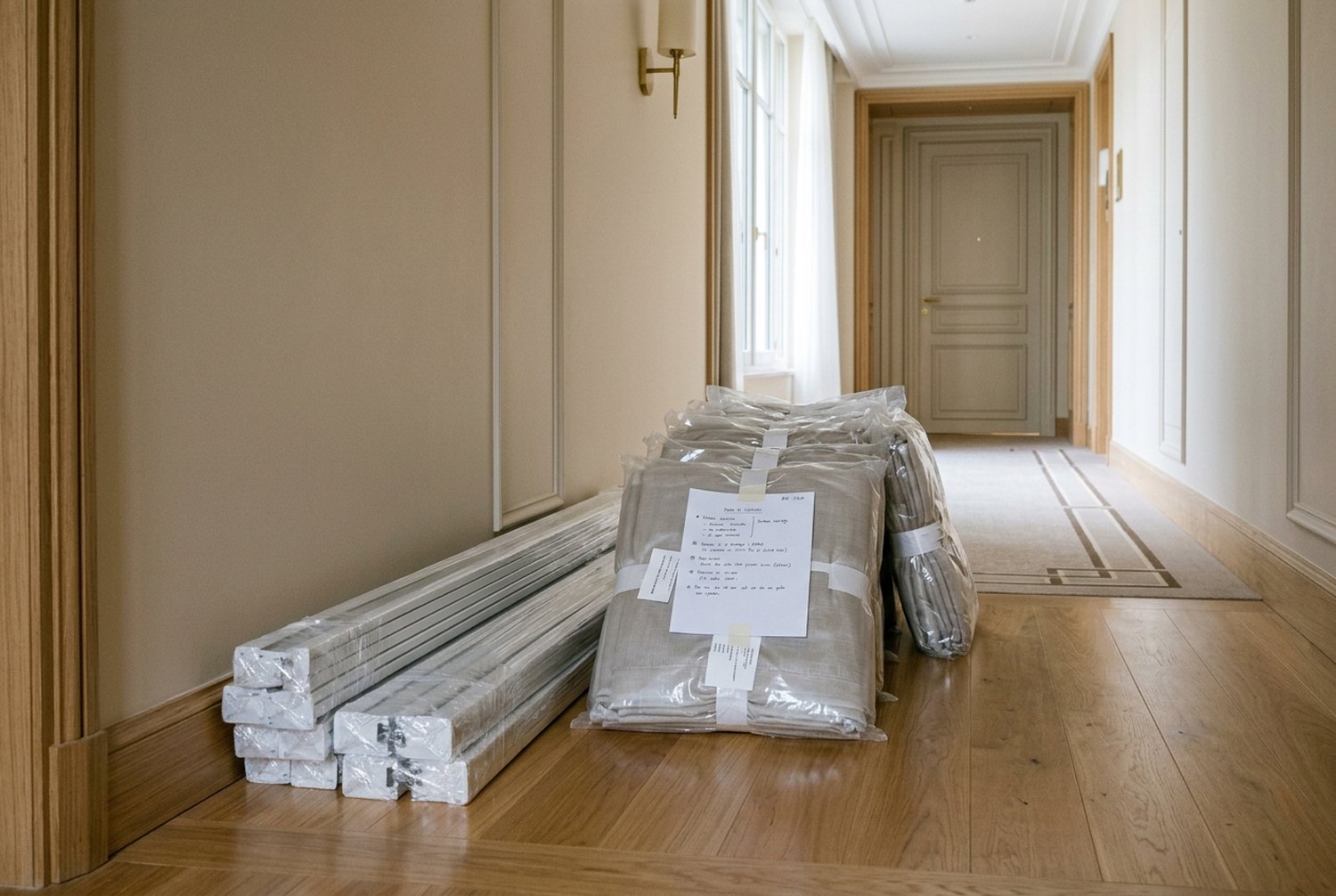 Colis de rideaux et rails repérés, livrés sur le chantier